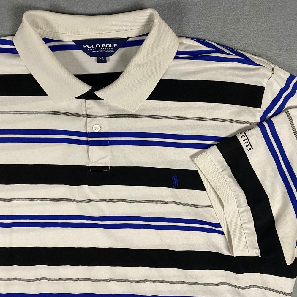 Polo Golf Ralph Lauren Mens XL Pima Cotton Striped Polo Shirt White Blue Black